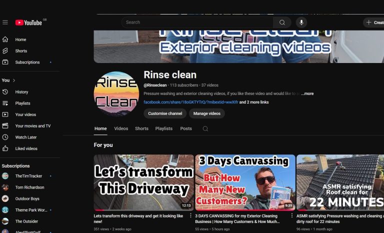 rinse clean youtube channel YouTube channel page featuring a vibrant logo and video thumbnails focused on DIY projects.